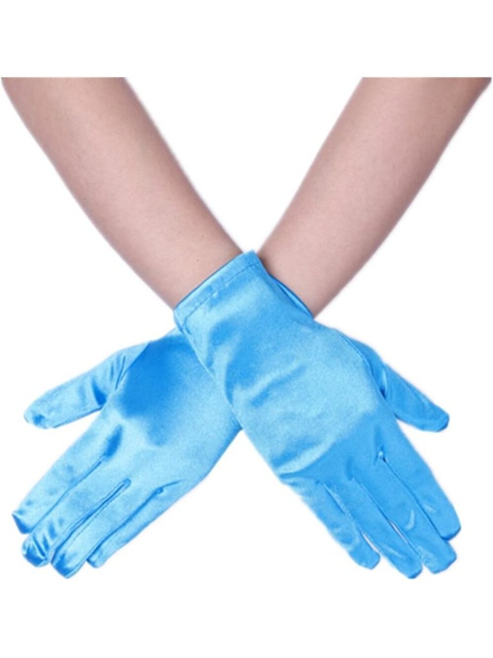 Women Sky Blue Wrist Length Vintage Style 9 Inches Satin Mittens Opera Gloves